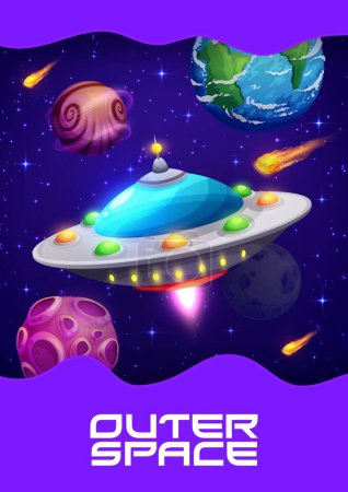 Illustration for Space poster with UFO and galaxy planets, vector astronomy science and future technology. Cartoon universe landscape of alien world planets, flying saucer and stars with purple borders, space travel - Royalty Free Image