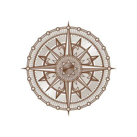 Ilustración de Vintage brújula de viento rosa, signo de navegación náutica medieval. Vector windrose de brújula de mapa viejo, símbolo cartográfico antiguo de estrella náutica con direcciones norte, sur, este y oeste, viaje marítimo - Imagen libre de derechos