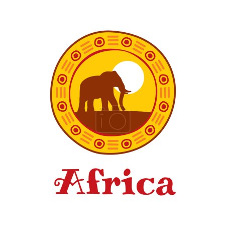 Illustration for Africa icon. Elephant silhouette on sunset. African continent travel, Tanzania nature national park or Kenya tourism journey vector emblem, Nigeria wildlife icon or symbol with savanna animal - Royalty Free Image
