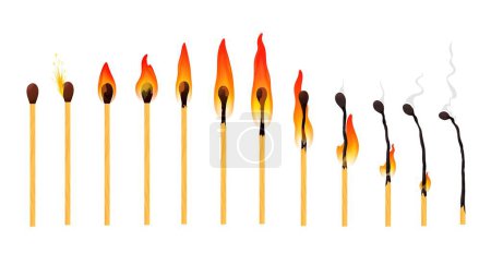Ilustración de Burning match animación con fuego llama quemar secuencia, vector de dibujos animados de madera fósforo. La madera coincide con el conjunto animado ardiente de encender palo partido, quemar y quemar humo en la animación de la hoja de sprite - Imagen libre de derechos