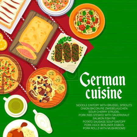 Illustration for German cuisine food menu page cover. Pork rolls with mushrooms, ribs with sauerkraut, salmon and Zwiebelkuchen pie, soup Eintopf and Berliner Eisbein, cherry strudel, noodles with brussel sprouts - Royalty Free Image