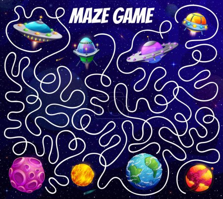 Illustration for Kids galaxy labyrinth maze. Help to UFO find a space planet between fantasy universe stars vector game puzzle worksheet. Cartoon space map with maze paths, flying saucers, Earth, alien galaxy planets - Royalty Free Image