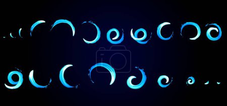 Circle motion sprite animation, cartoon game magic energy power effect, vector background. Light circle or water wave and blue liquid twirl animation sprite sheet of spiral smoke in circle motion