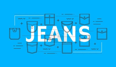 Illustration for Jeans denim and jacket pockets. Casual and work clothes, denim apparel background, jeans pants and shirt outline vector icons of different shape pockets set with button, seam, stitch and sewing - Royalty Free Image