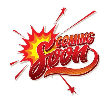 Illustration for Coming soon cartoon banner of grand opening, product release, new arrivals, sales promotion. Announcement vector poster with comic explosion bubble, retro pop art font and yellow red halftone pattern - Royalty Free Image