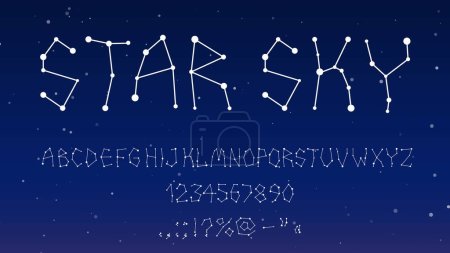 Ilustración de Tipo de fuente espacial estrella, tipo de letra estrellada o alfabeto de galaxia, constelación de letras vectoriales. Tipo de fuente Stars o tipografía tipográfica con constelación zodiacal del alfabeto ABC en estrellas conectadas en el cielo - Imagen libre de derechos