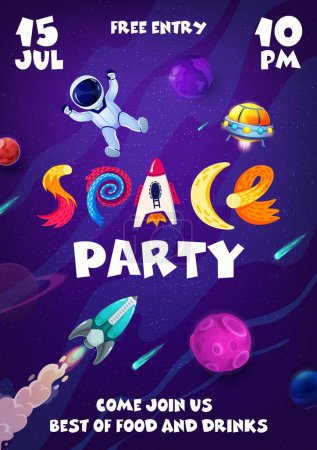 Illustration for Space party flyer with cartoon rocket and planets, UFO and astronaut in outer space. Starry sky vector background of universe galaxy with fantasy planets, spaceman and spacecraft, invitation poster - Royalty Free Image