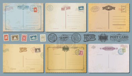 Illustration for Antique postcards, retro postage stamps and vintage mail card, vector old postal backgrounds. Antique postcards and paper post letters in grunge frames, blank retro mail cards with airmail postage - Royalty Free Image