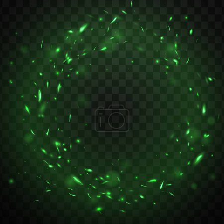 Téléchargez les illustrations : Étincelles rondes de feu vert. Flamme brûlante scintille cadre, effet de lumière vectoriel réaliste avec cercle de fumée verte et des particules de feu sur fond sombre. Anneau de feu magique ou étincelles d'enfer autour de la frontière - en licence libre de droit