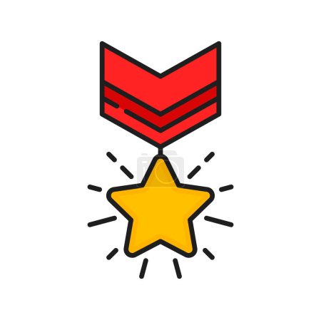 Illustration for Gold star medal icon, special reward or benefits of customer loyalty incentive program. Vector exclusive bonus points, VIP client prize, gift or award color line symbol with golden medal and ribbon - Royalty Free Image