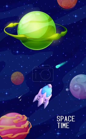 Illustration for Spaceship between galaxy space planets and stars cartoon landscape, vector outer space travel, astronomy science. Fantasy universe starry sky with futuristic rocket or starship and alien world planets - Royalty Free Image