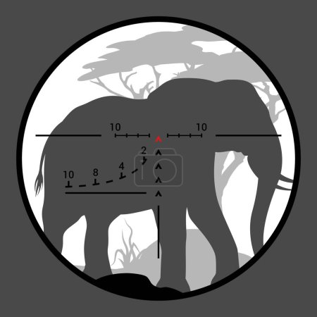 Ilustración de Objetivo de silueta de elefante, deporte de caza. Aventura de safari de vida silvestre de sabana africana, concepto de caza de cinco grandes con silueta de elefante en mira óptica de rifle de francotirador, mira de rifle - Imagen libre de derechos