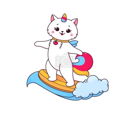 Illustration for Cartoon cute caticorn character surfing on sky clouds. Vector cat or kitty personage with unicorn horn and rainbow tail riding wave with surfboard and cloud. Kawaii caticorn, happy unicorn cat animal - Royalty Free Image