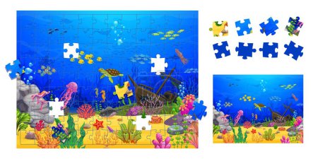 Illustration for Jigsaw puzzle underwater landscape pieces. Cartoon sunken ship, turtle and fish shoal. Vector educational game worksheet for preschool children activity with funny sea animals and fell out image parts - Royalty Free Image