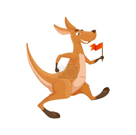 Illustration for Cartoon kangaroo character with pennant. Isolated vector australian animal wallaby funny personage walk with red flag in hand. Smiling comic wallaroo mammal creature, zoo wildlife beast of Australia - Royalty Free Image