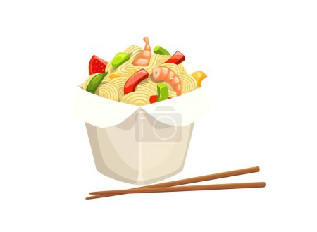 Téléchargez les illustrations : Cartoon wok nouilles boîte avec baguettes, plats à emporter vectoriel fast-food de la cuisine chinoise. Conteneur en papier blanc à emporter avec pâtes asiatiques aux fruits de mer, nouilles de riz wok ou spaghettis aux légumes et crevettes - en licence libre de droit