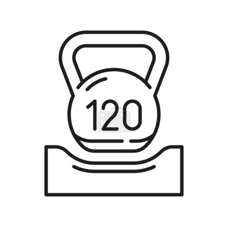 Téléchargez les illustrations : Limite de poids maximale jusqu'à 120 kg icône de glyphe. Recommandation de poids du matelas par personne. Matelas et kettlebell ligne mince - en licence libre de droit