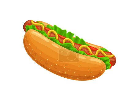 Illustration for Cartoon chicken hot dog with sausage and bun. Vector fast food hotdog sandwich of bread roll, mustard and ketchup sauce, lettuce salad and chicken meat sausage or wiener. Fast food restaurant menu - Royalty Free Image