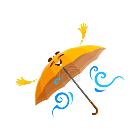 Téléchargez les illustrations : Personnage de parapluie de bande dessinée, parasol vectoriel charmant avec le visage souriant volant sur les courants d'air souffle et rayonnant des sentiments positifs. Personnage isolé de bumbershoot pour le climat et les prévisions météorologiques - en licence libre de droit