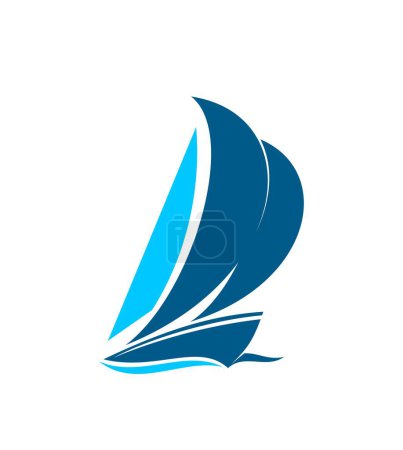 Illustration for Yacht on sails icon, boat or sailboat and marine regatta, yachting club vector symbol. Sea cruise, nautical sport tourism and yacht sailing adventure team badge of yacht sailing on water wave line - Royalty Free Image