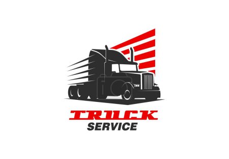 Illustration for Truck heavy cargo transportation service icon. Truck vehicle spare parts shop, repair garage station or service, freight containers delivery company vector symbol with classic truck - Royalty Free Image