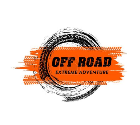 Illustration for Offroad sport grunge banner. Extreme off road racing icon with car tire race, auto dirty wheels marks. All terrain vehicle road travel, rally or motocross racing vector emblem or sign with tire tracks - Royalty Free Image