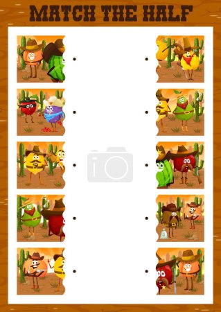Illustration for Match the half of cartoon fruit western cowboy, ranger, sheriff and robber characters. Vector game worksheet with watermelon, quince, peach, plum, pear or lemon, mandarin and kiwi wild west personages - Royalty Free Image