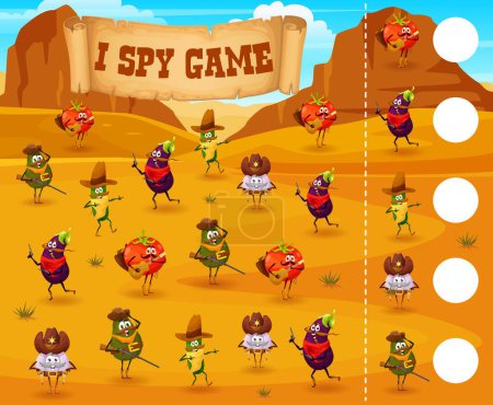 Illustration for I spy game cartoon vegetable cowboy, sheriff, ranger and bandits in desert. Kid vector riddle worksheet with tomato, avocado, eggplant and cucumber with garlic wild west personages. Children math test - Royalty Free Image