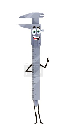 Illustration for Cartoon calipers tool character, work instrument and measure equipment, vector funny personage. DIY workshop repair, construction and carpentry work tool character, calipers with smile and thumb up - Royalty Free Image