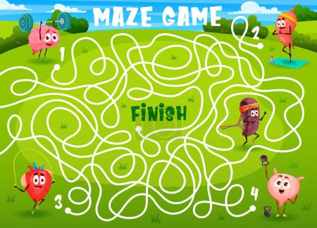 Illustration for Labyrinth maze, cartoon funny human organs sportsman characters on green meadow, vector quiz game. Kids labyrinth maze worksheet find way for heart, brain and kidney on fitness sport and yoga - Royalty Free Image