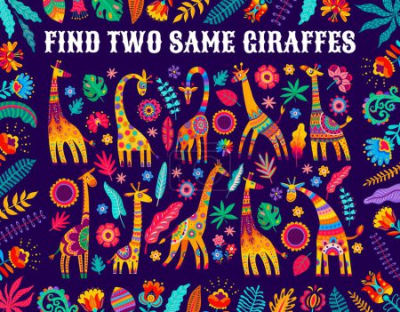 Illustration for Find two same African giraffes, kids game worksheet with bright flowers, leaves and vector floral elements. Puzzle quiz to find two same objects of African animals and plants, riddle game worksheet - Royalty Free Image