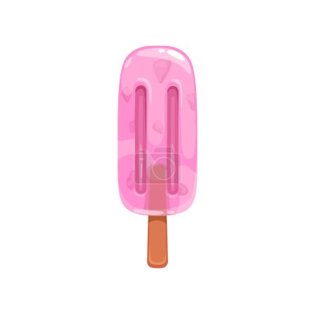 Illustration for Cartoon popsicle ice cream, pink ice pop lolly with fruit flavor on stick. Vector summer dessert food of watermelon or strawberry frozen juice, candy bar or sorbet, fruity popsicle on wooden stick - Royalty Free Image