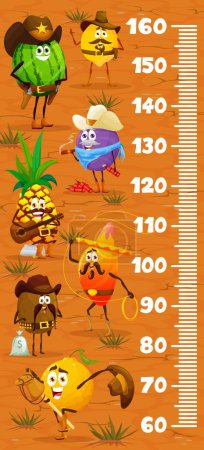 Ilustración de Niños carta de altura regla de dibujos animados vaquero fruta, guardabosques, sheriff y ladrones personajes. Escala de medición vectorial con limón, sandía, ciruela y piña, mango, kiwi con personajes occidentales naranjas - Imagen libre de derechos