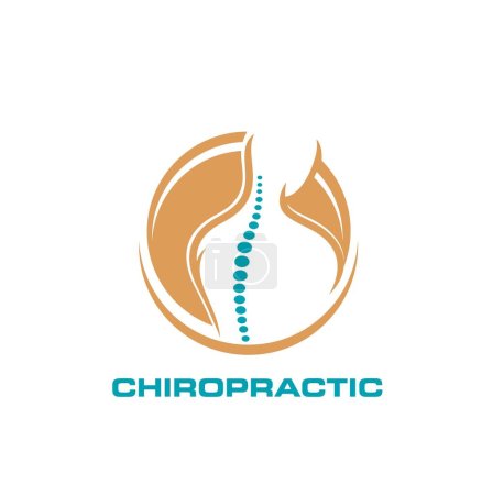 Illustration for Chiropractic icon, physiotherapy, spine, back pain, body health and massage therapy. Vector silhouette of human figure with abstract bones of sine and neck isolated round symbol of chiropractor clinic - Royalty Free Image