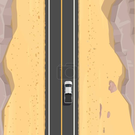 Illustration for Desert road top view. African dessert speed freeway, Egypt hot valley highway or Dubai wilderness terrain speedway vector wallpaper or background. Arabian asphalt road backdrop with car and rocks - Royalty Free Image