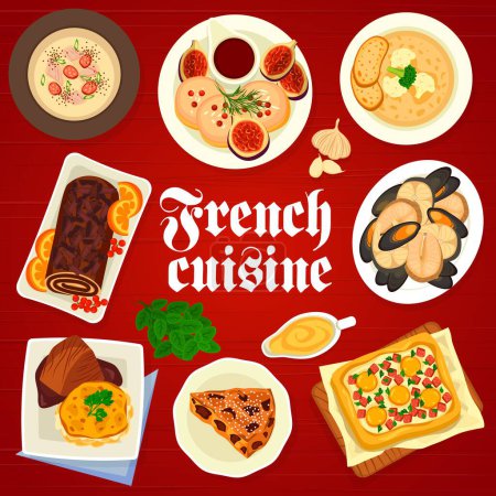 French cuisine menu cover, food dishes and meals of France, gourmet dinner, vector. French cuisine or Paris restaurant meals, fish stew with foie gras duck liver and soup with Toulouse sausages