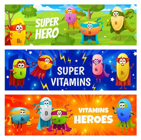 Téléchargez les illustrations : Dessin animé personnages de vitamine super-héros heureux. Bannières vectorielles avec compléments alimentaires B3, K, N, H et E, C, B1, B5 ou D, A, B9 capsules. Personnages nutritionnels pour enfants avec des forces surnaturelles - en licence libre de droit