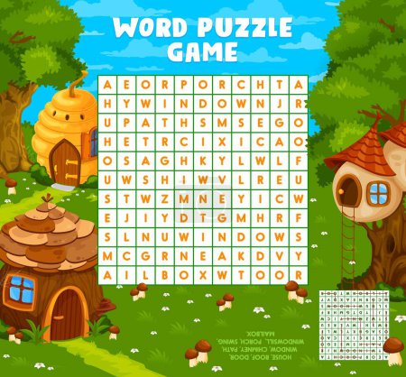 Illustration for Fairytale cartoon houses word search puzzle game worksheet, kids quiz. Vector crossword brainteaser grid for children, riddle with cone, bee hive or nest on tree fantasy fairy dwellings in forest task - Royalty Free Image