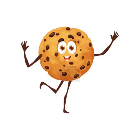 Illustration for Cartoon cookie funny character with chocolate chips. Isolated vector biscuit bakery fairy tale personage with smiling face and big eyes waving arms. Fresh pastry, dessert with crispy choco pieces - Royalty Free Image