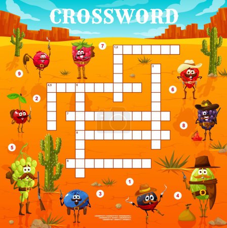 Illustration for Crossword grid wild west ranger, cowboy and bandit berry characters. Word quiz game. Vector worksheet with cartoon currant, cherry, blueberry and gooseberry. Grape, strawberry, raspberry or blackberry - Royalty Free Image