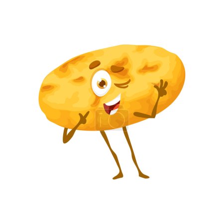 Illustration for Cartoon corn arepa bread character, vector bakery and pastry food with face. Funny arepa bread character form Latin America cuisine, Colombia or Venezuela bakery bread patty from maize corn - Royalty Free Image