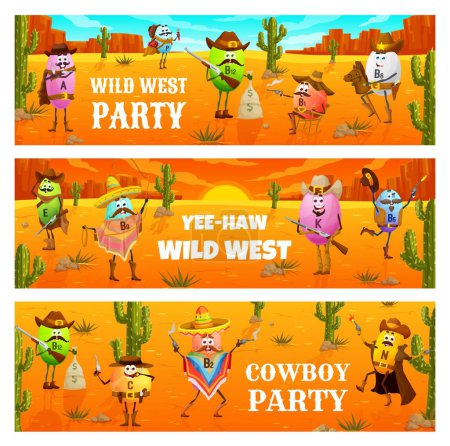 Téléchargez les illustrations : Une fête de cow-boy sauvage. Western vitamine cow-boy, shérif, ranger et bandits personnages. Bannières vectorielles avec des pilules drôles A, P, B12 et B6, E, B9, K et N, B2 ou C personnages dans le désert occidental - en licence libre de droit