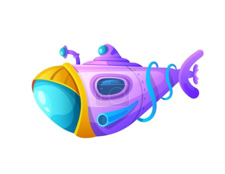 Illustration for Cartoon submarine, underwater bathyscaphe with periscope, vector funny cute ship. Sea navy boat vehicle or sub marine with portholes, nautical aquatic boat transport for kids sea adventure game - Royalty Free Image