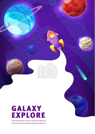 Illustration for Space landing page. Galaxy landscape, spaceship launch, stars and planets vector website background for business startup or astronomy science project launch. Space exploration web banner template - Royalty Free Image