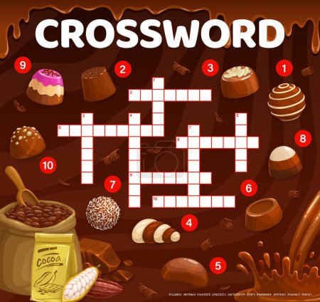Illustration for Crossword quiz game grid. Milk chocolate, praline and fudge candy. Souffle, truffle and jelly, hazelnut bonbons on crossword grid playing activity, vocabulary or word search puzzle vector worksheet - Royalty Free Image