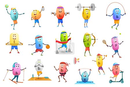 Illustration for Cartoon cheerful vitamin characters and personages on sport, vector pills. Happy funny kid characters, vitamin capsules on gym sport. A and C, B12, D and E vitamins play to sport games - Royalty Free Image