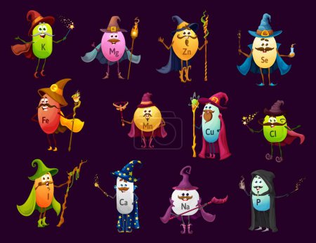 Illustration for Cartoon wizard, mage, magician and sorcerer minerals characters, micronutrients vector personages. Kids food supplement or mineral pills, calcium, zinc and potassium with magic wands in wizard hats - Royalty Free Image