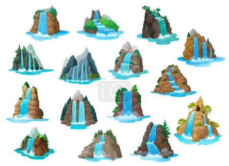 Téléchargez les illustrations : Cascade et cascades d'eau, atout de jeu pour les niveaux de dessin animé, vecteur GUI paysage naturel. Cascade et cascades de montagne rivière ou île colline rocheuse, lacs forestiers de fantaisie jeu actif - en licence libre de droit