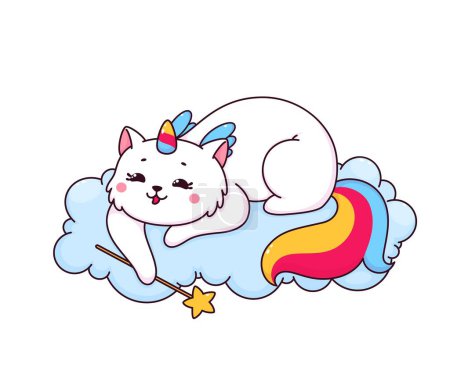 Illustration for Cartoon caticorn character with magic wand on cloud. Vector adorable cat, kitty or kitten personage with rainbow tail, unicorn horn and angel wings. Cute caticorn emoticon, kawaii cat pet animal - Royalty Free Image