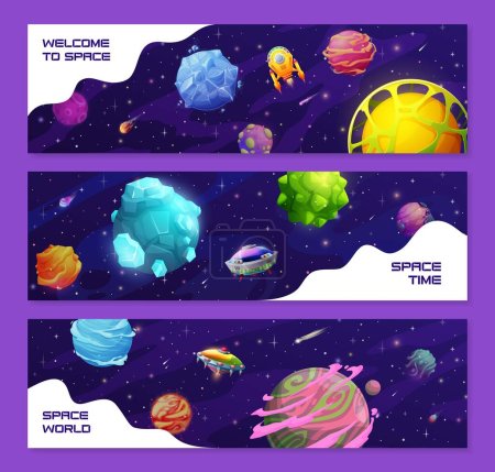 Illustration for Cartoon galaxy space banners with fantasy UFO and spacecraft or alien planets, vector background. Kids galactic and fantastic space shuttles, rocketships and starships or asteroids and sky stars - Royalty Free Image